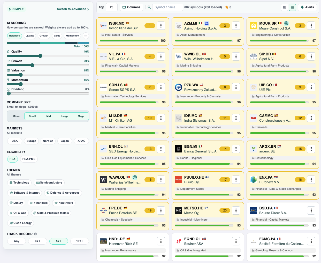 PrimeStrider simple screener with quality, growth, valuation and momentum weights, and ranked company cards